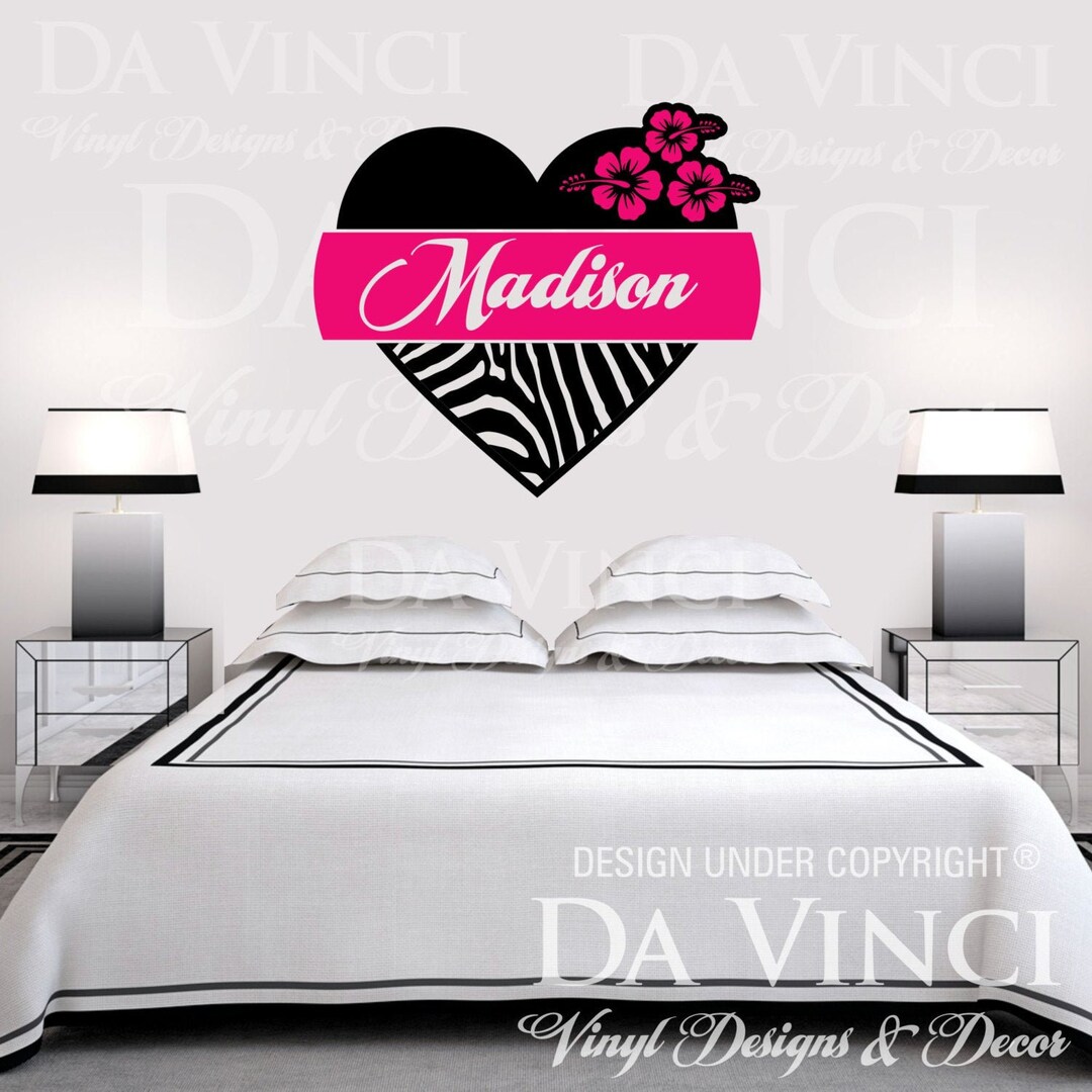 Zebra Print Heart Flower Hibis Personalized Custom Name Room Bedroom ...