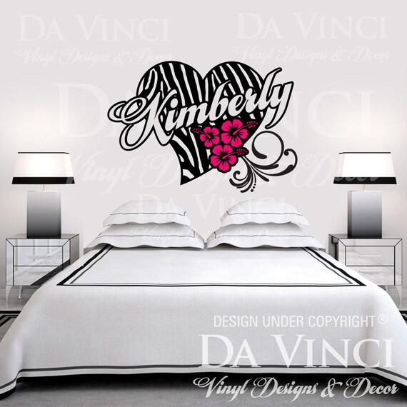 Personalized Zebra Print Heart Flower Hibis Custom Name Vinyl Wall Decal Sticker