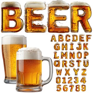 May include: An image featuring the word "BEER" formed by glasses of beer, with additional beer glasses and a set of alphabet letters and numbers, all filled with beer and foam. The letters and numbers are in a golden color.