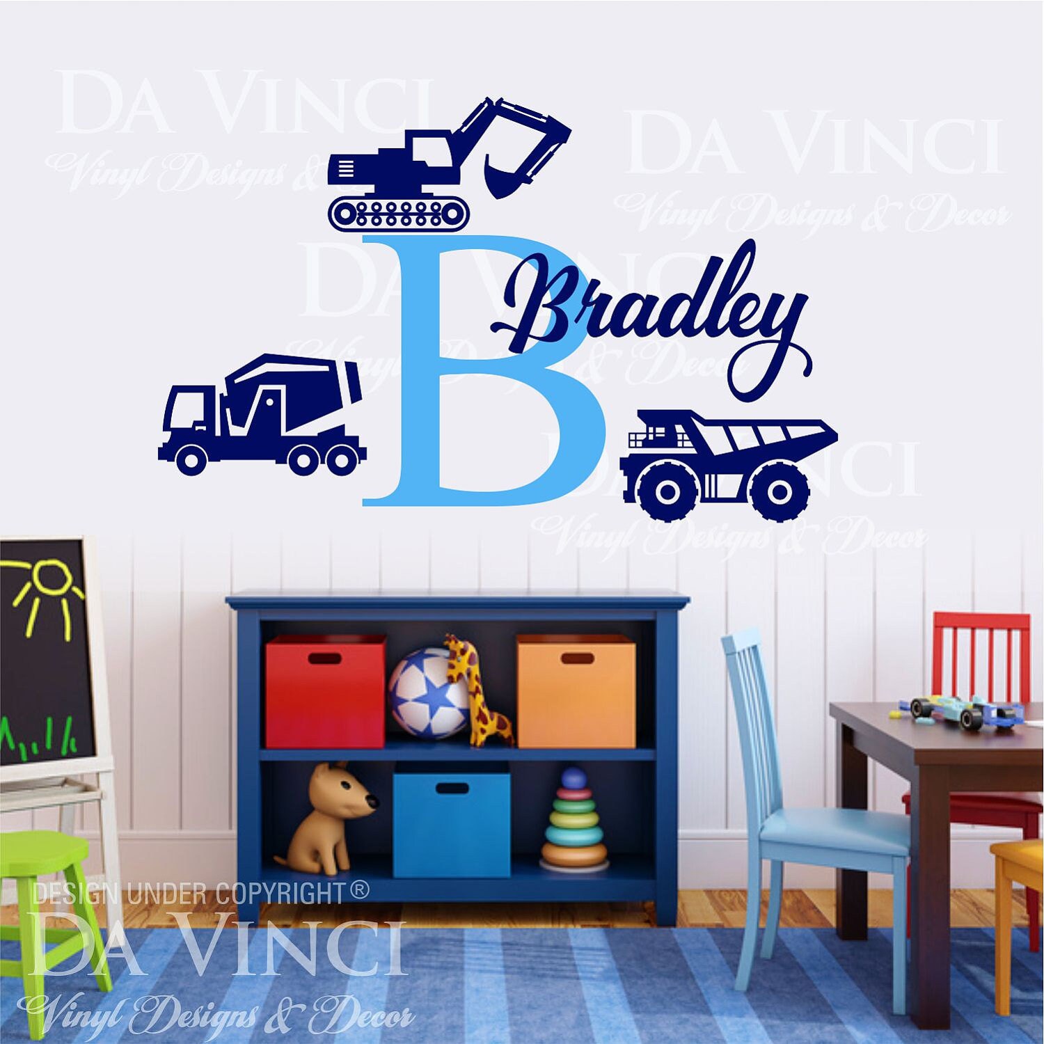 Custom Name Monogram Wall Decal Sticker Vinyl Construction Trucks Room ...