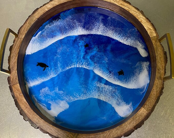 Featured listing image: Coastal 3D Wave Round Resin Serving Tray, Ocean Serving Tray, Sea Turtle Coffee Tray, Coastal Charcuterie, Cheese Board,Mother's Day Gift