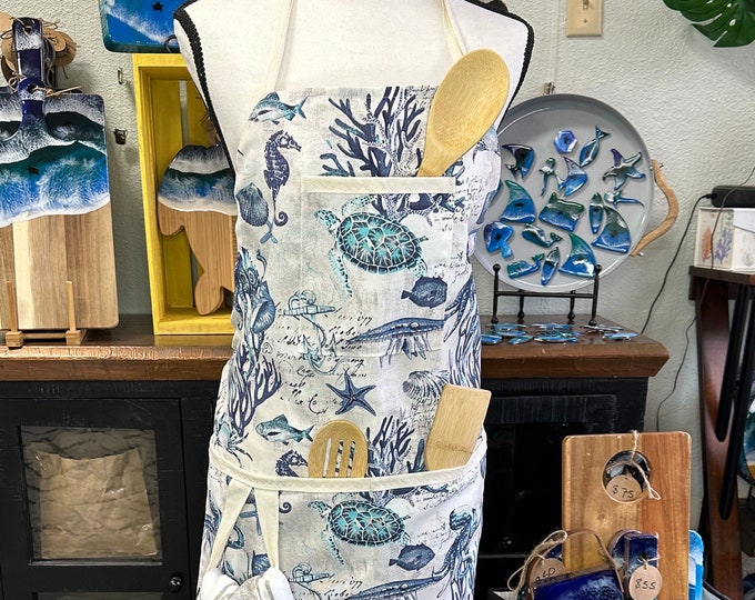 Featured listing image: Sea Life Apron, Honu Chefs Apron, Octopus Cafe Apron, Apron, Large Pocket Full Body Apron, Heavy Canvas Gardening Apron, Mothers Day Gift