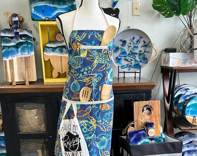 Featured listing image: Turtle Apron, Pelican Apron, Lighthouse Cafe Apron, Chefs Apron, Large Pocket Fully Adjustable Full Body Apron, Heavy Canvas Gardening Apron