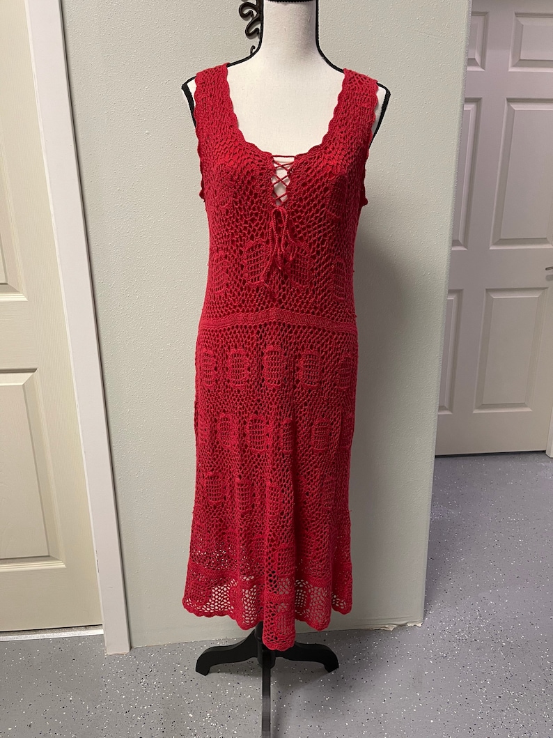 Corset Front Crocheted Dress Beautiful Red Crocheted Calf Length Dress and Over Jacket by Monroe /& Main Slip Dress with Jacket Cover
