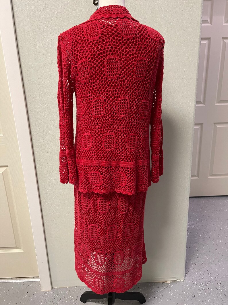 Corset Front Crocheted Dress Beautiful Red Crocheted Calf Length Dress and Over Jacket by Monroe /& Main Slip Dress with Jacket Cover