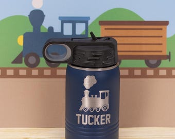 Personalized Train Water Bottle with Straw: Custom Engraved Kids Tumbler