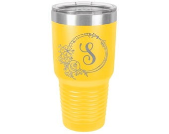 Personalized Floral Initial Tumbler – Custom Engraved Gift, Stainless Steel Cup with Monogram Letter, Bridesmaid or Birthday Gift