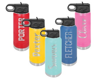 Personalized Kids Water Bottle with Straw Custom Sports Bottle Back to School Steel Custom Laser Engraved Boys and Girls Summer Camp 32oz