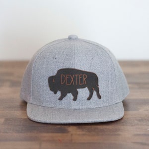May include: A gray baseball cap with a black buffalo silhouette and the name "Dexter" written in brown lettering.