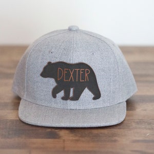 May include: Grey baseball cap with a black bear silhouette and the name "Dexter" written in brown lettering.