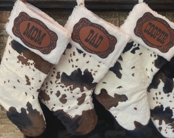 Custom Cow Print Christmas Stocking with Engraved Belt Buckle Patch - Personalized Farmhouse Holiday Decor Country Decor