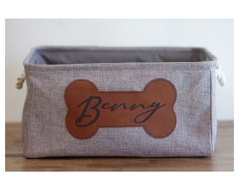 Personalized Dog Toy Basket: Linen Pet Storage Bin with Bone Patch