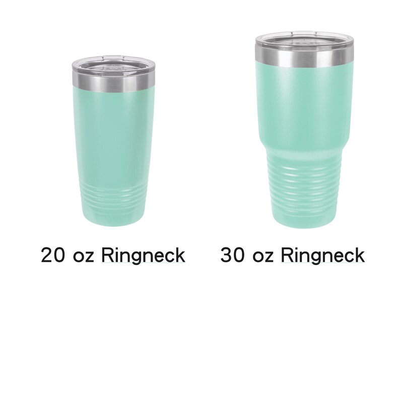 May include: Two stainless steel tumblers with a light green powder coat finish. The tumbler on the left is 20 oz and the tumbler on the right is 30 oz.