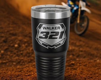 Custom Motocross Number Plate Tumbler – Personalized Engraved Water Bottle for Dirt Bike Riders, MX Gift for Him, Race Number Cup