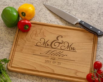 Personalized Engraved Cutting Board | Custom Wedding Gift for Couple | Maple or Walnut | Anniversary or Engagement Gift Idea Mr. and Mrs.
