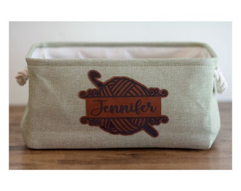 Personalized Crochet Basket: Linen Yarn Organizer with Leather Name Patch