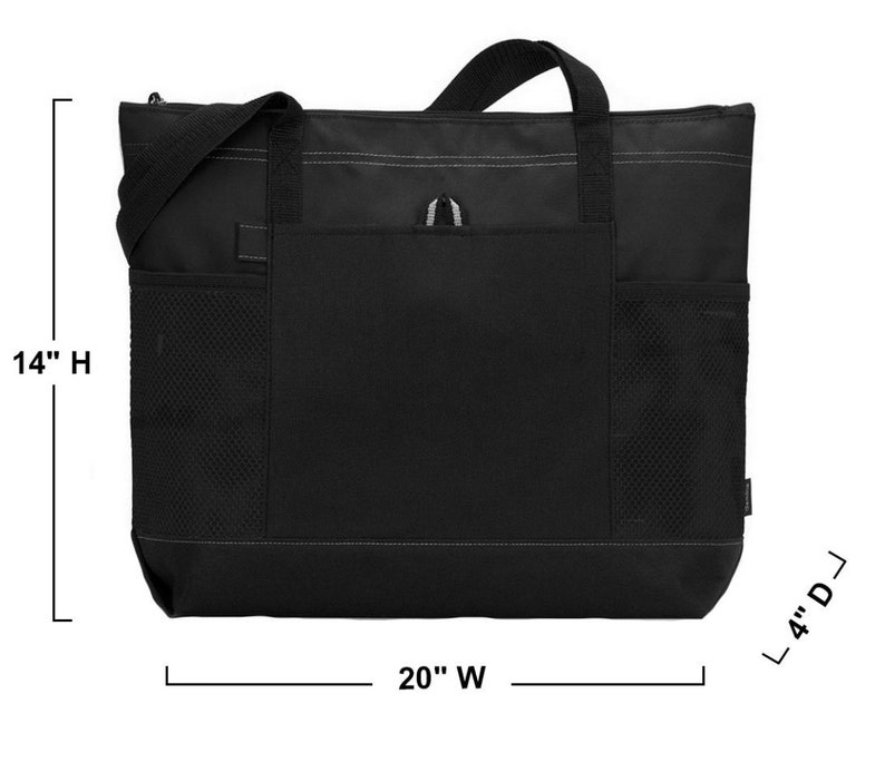 May include: Black tote bag with a zippered top, two pockets on the sides, and a large pocket on the front. The bag measures 14 inches high, 20 inches wide, and 4 inches deep.