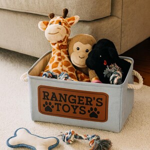 Personalized Dog Toy Basket: Linen Pet Storage Bin with Leather Name Patch