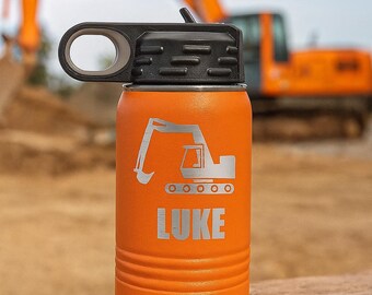 Personalized Excavator Toddler Water Bottle: 12 oz Stainless Steel