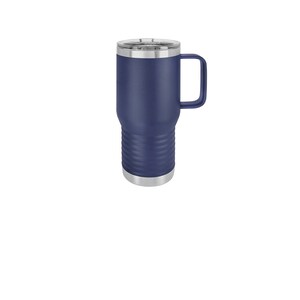 May include: A blue stainless steel travel mug with a lid and a handle. The mug has a textured, ribbed design.