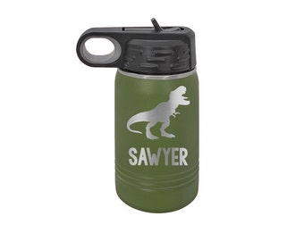 T-Rex Dinosaur Toddler Personalized Kids Water Bottle with Straw Back to School 12 oz Custom Laser Engraved for Boys and Girls Summer Camp