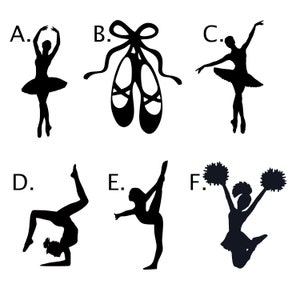 May include: A set of six black and white silhouette images depicting different activities. The images include a ballerina, a pair of ballet shoes, a gymnast, a cheerleader, and two more ballerinas.