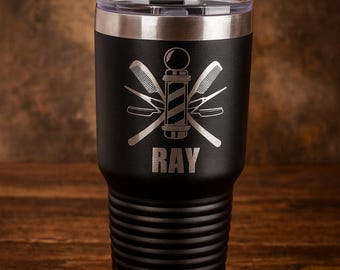 Personalized Barber Tumbler – Custom Engraved Stainless Steel Cup, Gift for Barber, Hair Stylist, Barber Shop Mug, Clippers Design