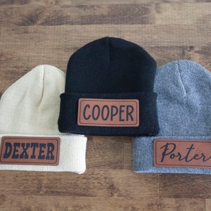 Custom Name Baby Hat Kids Adults Beanie Knit Hat Winter Hat Leather Patch