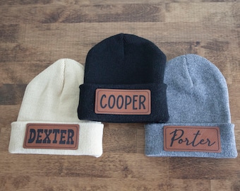 Custom Name Knit Beanie: Kids & Adults Winter Hat with Leather Patch