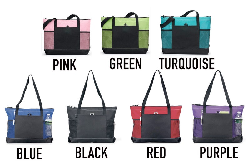 May include: Six tote bags in different colors: pink, green, turquoise, blue, black, red, and purple. Each bag has a zippered top, two pockets on the front, and a mesh pocket on the side.