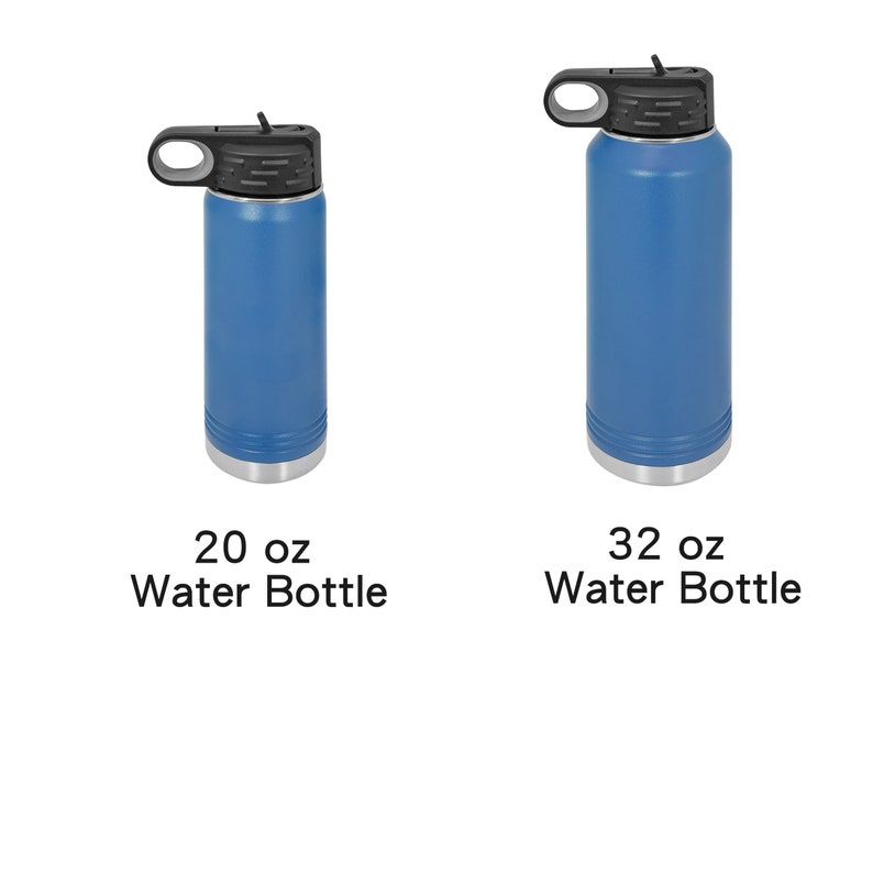 May include: Two stainless steel water bottles with black lids and handles. The bottle on the left is 20 oz and the bottle on the right is 32 oz.