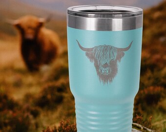 Highland Cow Tumbler – Personalized Engraved Stainless Steel Cup, Custom Name Farmhouse Western Gift, Country Cow Cup with Lid