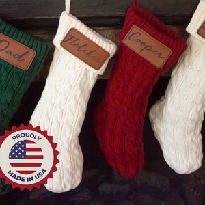 Personalized Christmas Stockings with Name, Leather Knitted Christmas Stockings, Holiday Stockings, Xmas Stocking. Christmas Gift