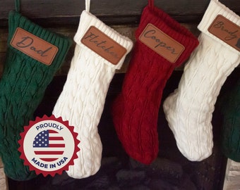 Personalized Knit Christmas Stocking: Farmhouse Holiday Decor with Leather Patch