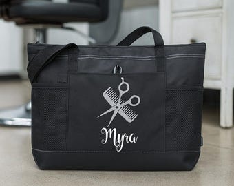 Personalized Hairstylist Tote Bag with Name – Black Salon Bag with Scissors and Comb Design – Custom Hairdresser Gift