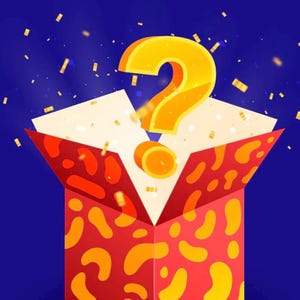 May include: A red gift box with orange and yellow abstract shapes, opening to reveal a bright yellow question mark and confetti against a blue background. The box is open, suggesting a surprise or mystery.