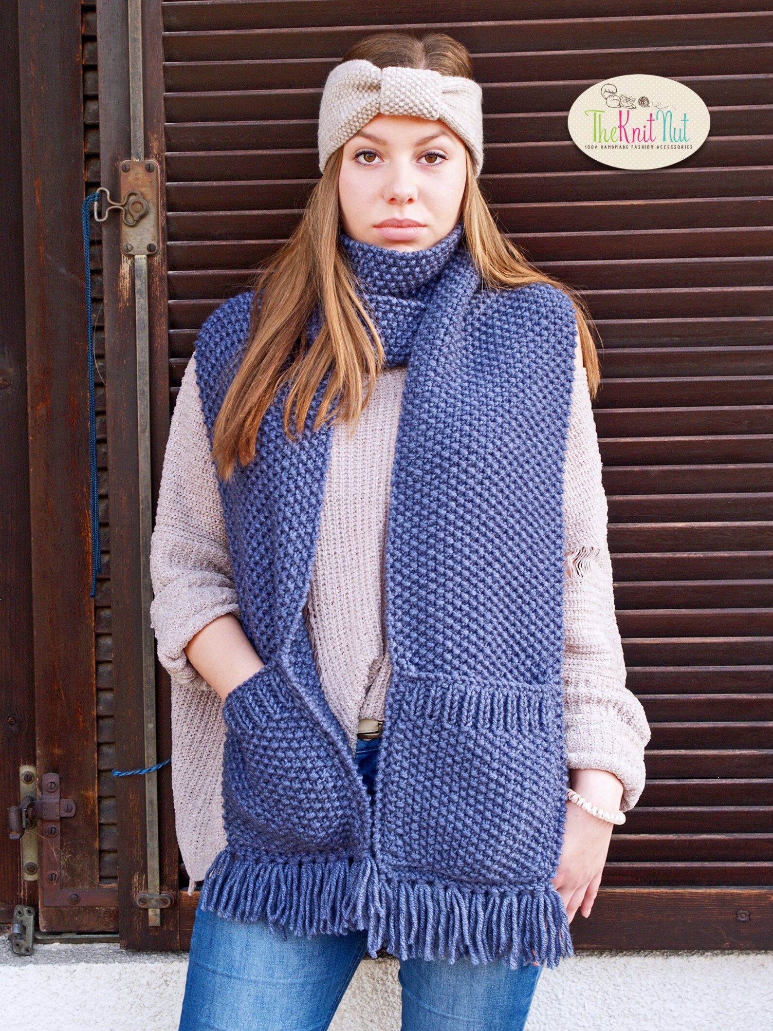 Hand Knitted Scarf With Pockets and Fringe Beige Long Scarf Etsy