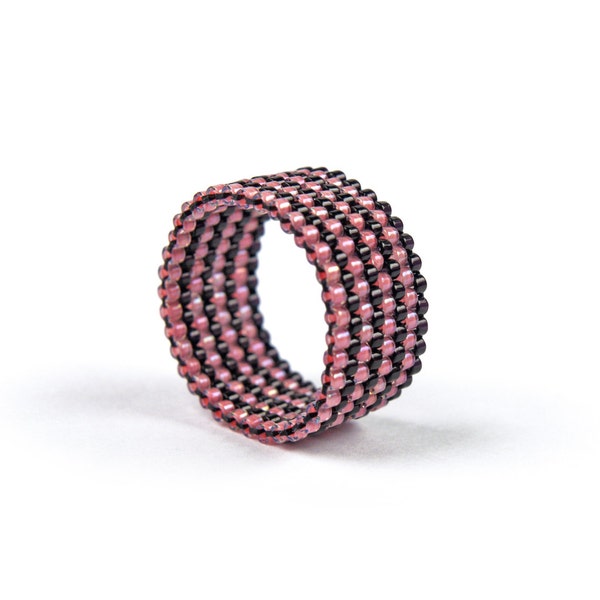 SALE 60% - Peyote band ring, Eco friendly, Seed bead ring, Street style, Striped Band ring, non-allergic band ring, Pink Black Beaded Ring