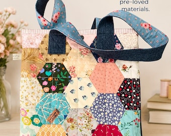 Hexie Tote Bag: Quilted Patchwork Denim Handles, Upcycled Materials