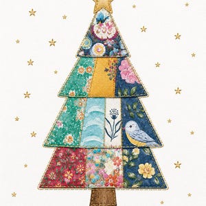 May include: A Christmas tree illustration composed of various floral and patterned fabric-like patches in shades of blue, green, red, and yellow. The tree is topped with a gold star, surrounded by small gold stars, and features the text Happy Christmas.