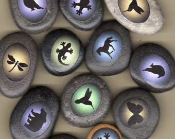 boda stones with animal totems raven, frog, lizard, hummingbird, bear, horse, butterfly, owl, fox, wolf and more