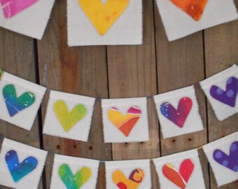 Prayer flags fabric, handmade banner with tie dye rainbow hearts one of a kind