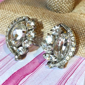 Ice Rhinestone Earrings Clip On Vintage Jewelry Bridal Earrings Clip on Bling 1960s