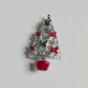 Christmas Tree Brooch Small Christmas Pin Holiday Tree Pin with Silver Red and Green Decorations