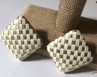 Gevlochten gouden en witte Pleather statement-oorbellen uit de jaren 80 diamantvormige BIG CHUNKY-sieraden