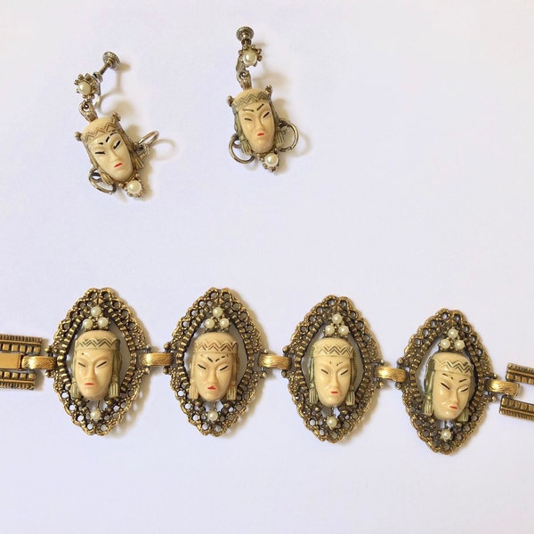 Selini Asian Princess Jewelry Set Selro Filigree Bracelet and Earrings 1940s
