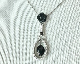 Vintage Brighton Black Rose Pendant with Silver Toned Metal Flower and Faceted Bead Adjustable Length Floral