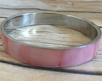 Silver Toned Metal Bangle with Pink Pearlescent - Vintage Bangle Bracelet - Pink Shell Bracelet