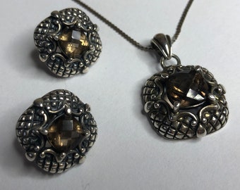 Smoky Quartz Jewelry Set 925 Sterling Silver Necklace and Earrings