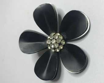 MOD Flower Brooch Silver and Black with Rhinestones